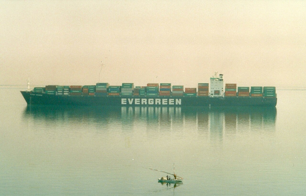 Evergreen container ship transiting a canal